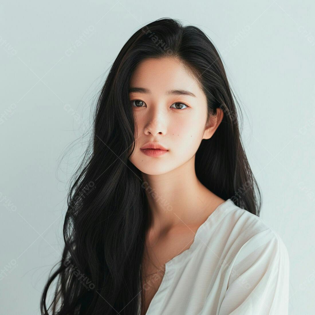 Mulher asiática com cabelo longo e preto vestindo branco