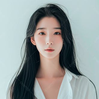 Mulher coreana elegante exibindo longos cabelos negros em um fundo claro 23