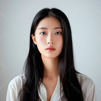 Mulher coreana elegante exibindo longos cabelos negros em um fundo claro 24