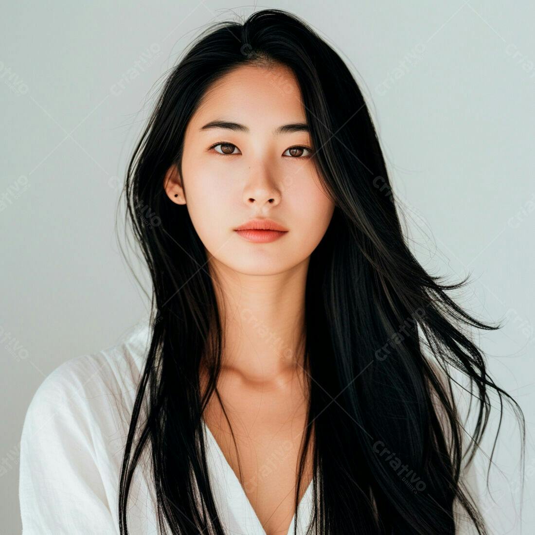 Retrato mulher asiática cabelo longo fundo neutro