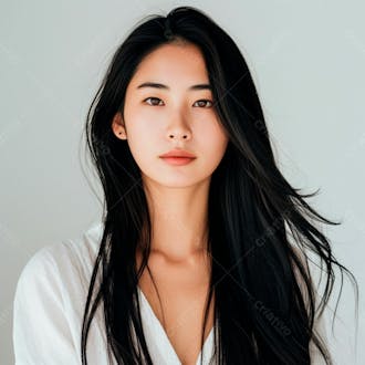 Mulher coreana elegante exibindo longos cabelos negros em um fundo claro 25