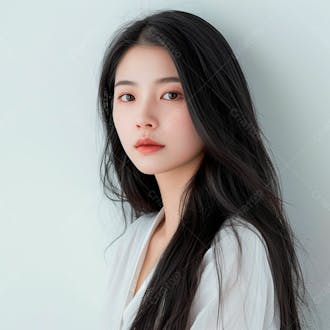 Mulher coreana elegante exibindo longos cabelos negros em um fundo claro 26