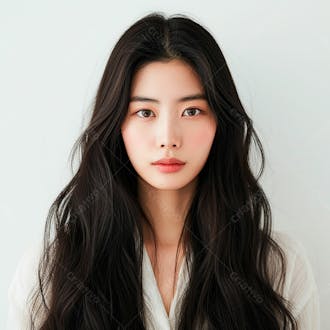 Mulher coreana elegante exibindo longos cabelos negros em um fundo claro 28