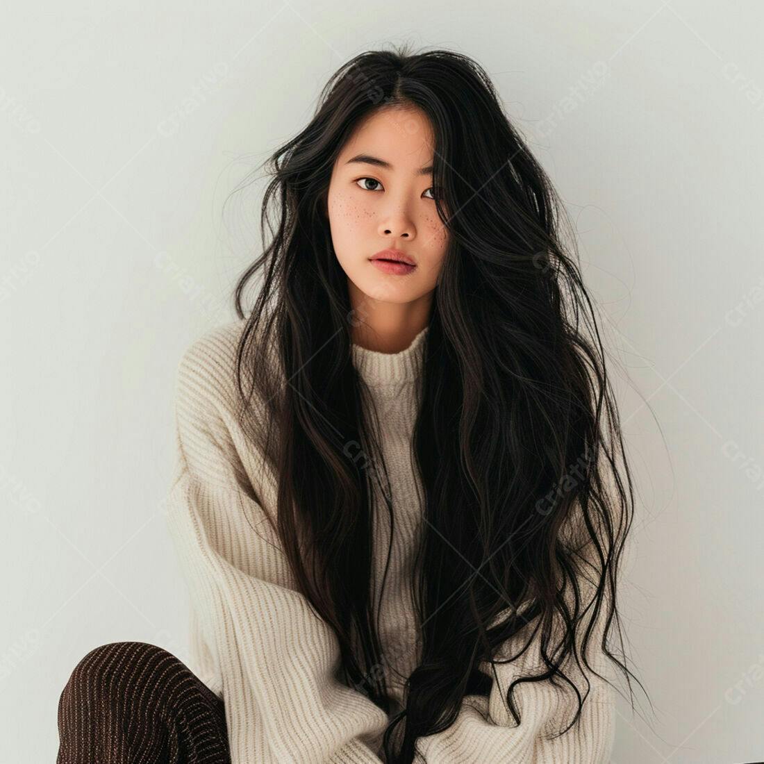 Modelo asiática com cabelo longo e suéter bege