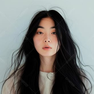 Mulher coreana elegante exibindo longos cabelos negros em um fundo claro 30