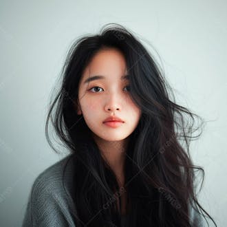 Mulher coreana elegante exibindo longos cabelos negros em um fundo claro 32