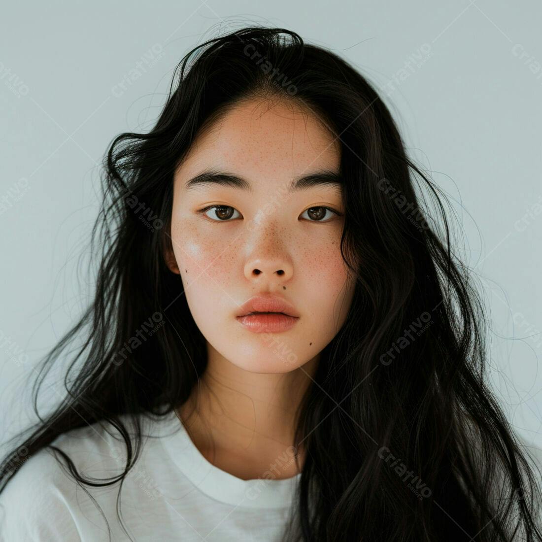Retrato mulher asiática cabelo longo fundo neutro