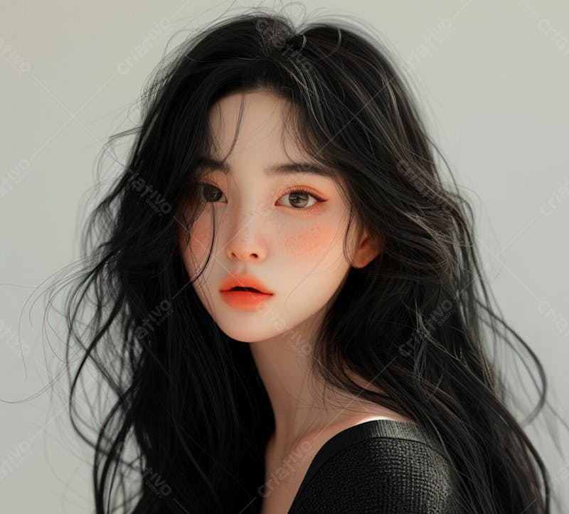 Mulher coreana elegante exibindo longos cabelos negros em um fundo claro 34