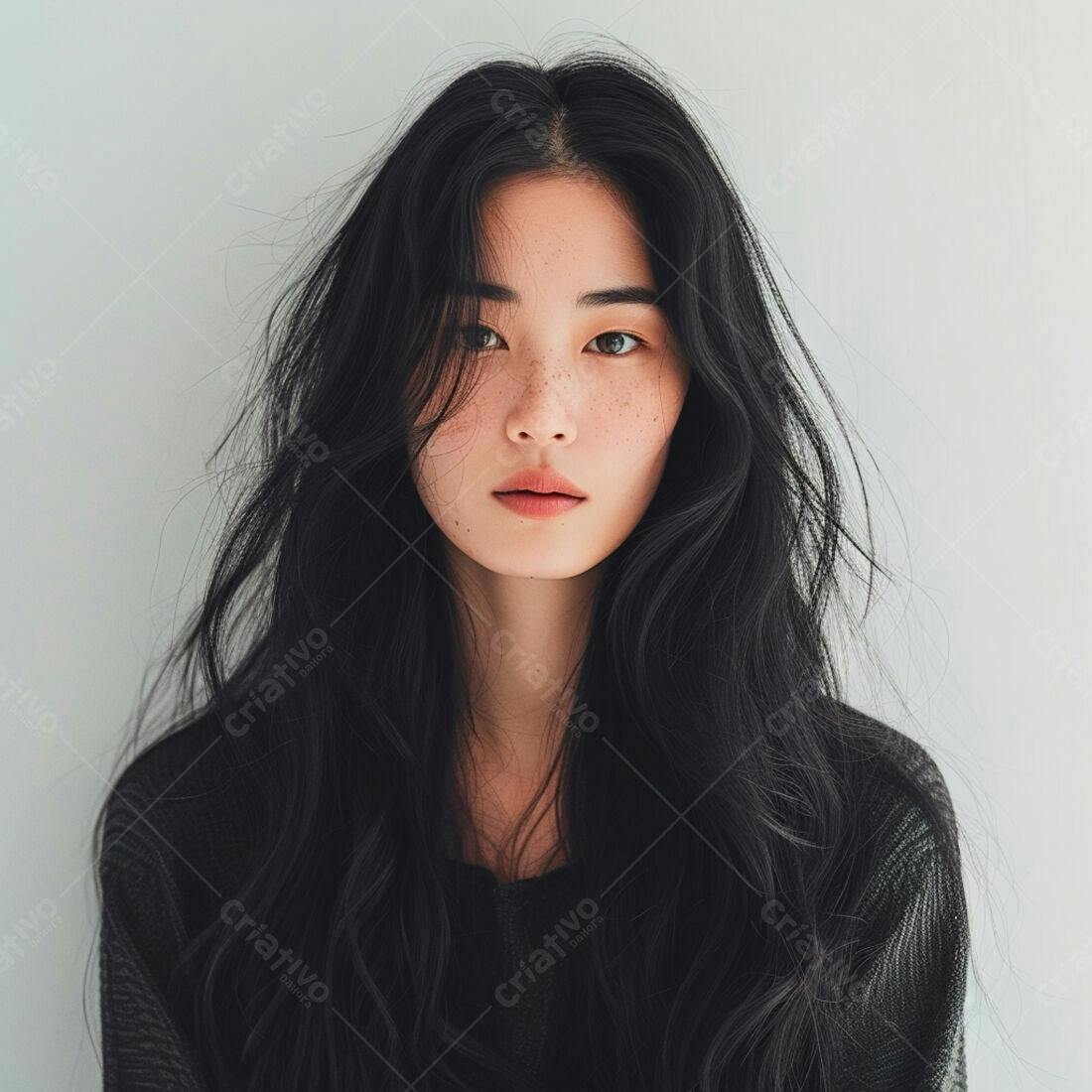 Modelo asiática com cabelo preto e sardas