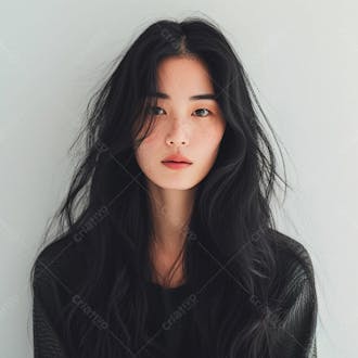 Mulher coreana elegante exibindo longos cabelos negros em um fundo claro 35