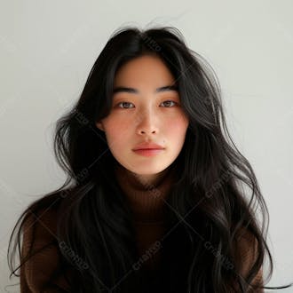 Mulher coreana elegante exibindo longos cabelos negros em um fundo claro 36