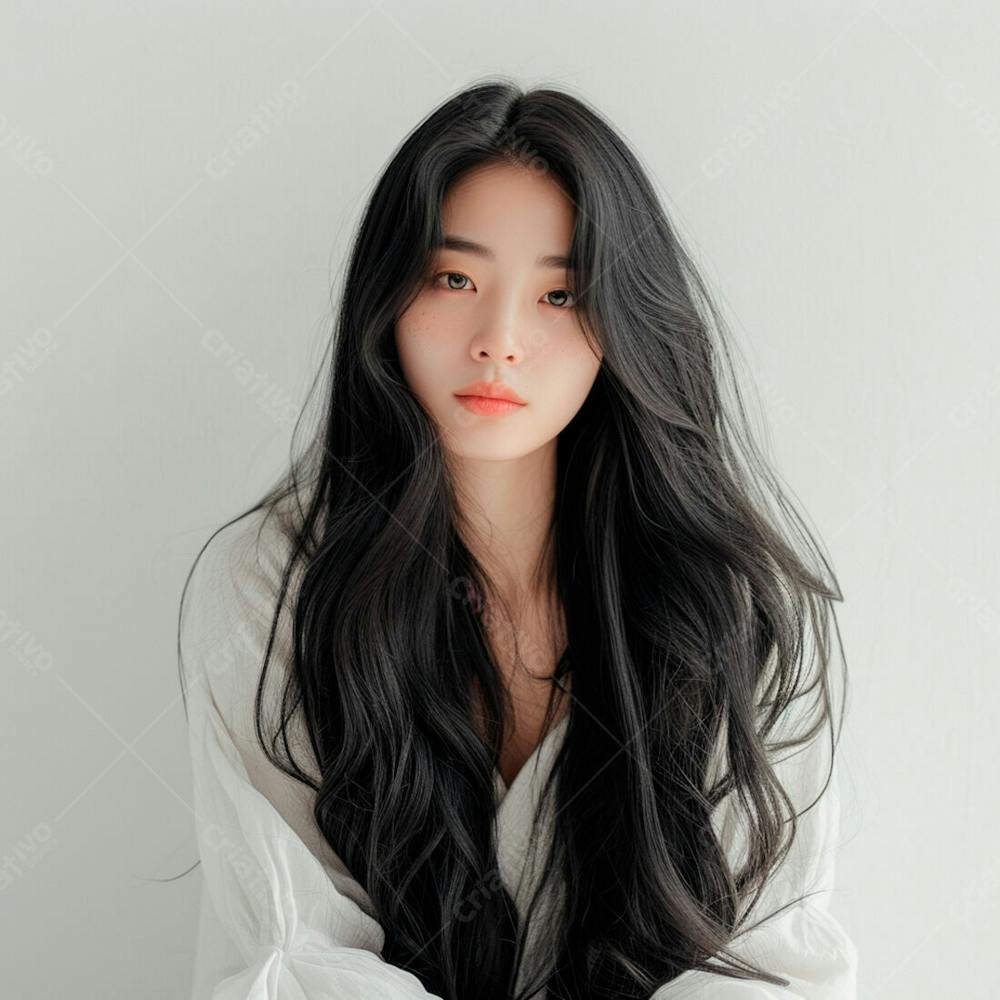 Mulher Coreana Elegante Exibindo Longos Cabelos Negros Em Um Fundo Claro 37