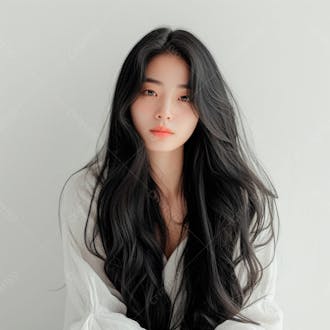 Mulher coreana elegante exibindo longos cabelos negros em um fundo claro 37