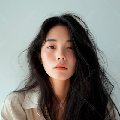 Mulher Coreana Elegante Exibindo Longos Cabelos Negros Em Um Fundo Claro 38