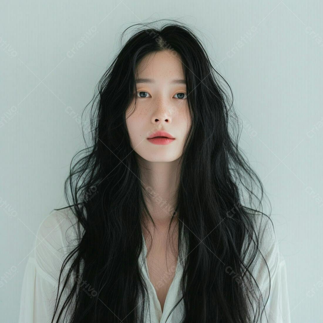 Retrato mulher asiática cabelo longo fundo claro