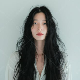 Mulher coreana elegante exibindo longos cabelos negros em um fundo claro 39
