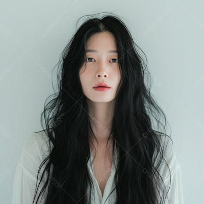 Mulher Coreana Elegante Exibindo Longos Cabelos Negros Em Um Fundo Claro 39