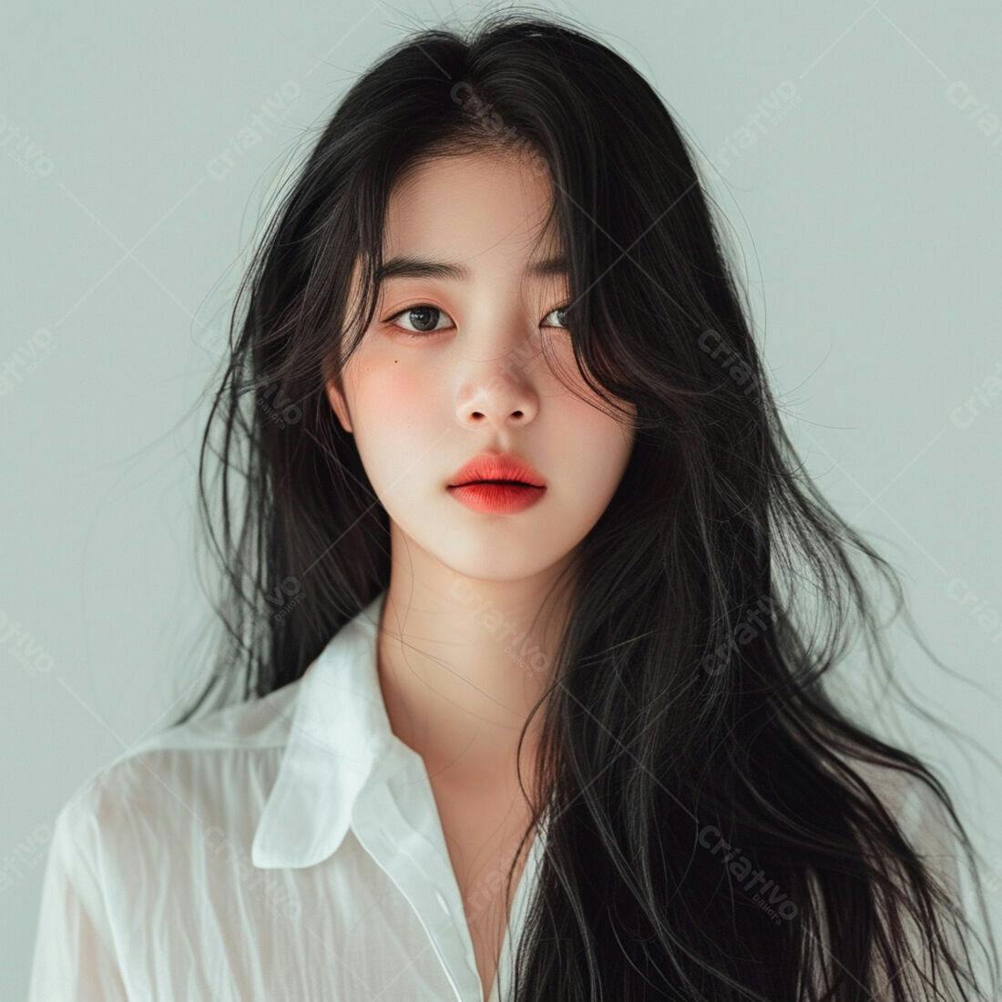 Mulher asiática com cabelo longo e maquiagem suave