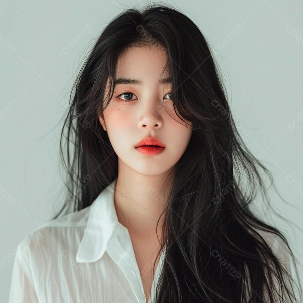 Mulher Coreana Elegante Exibindo Longos Cabelos Negros Em Um Fundo Claro 40