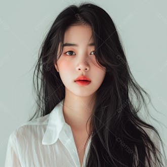 Mulher coreana elegante exibindo longos cabelos negros em um fundo claro 40