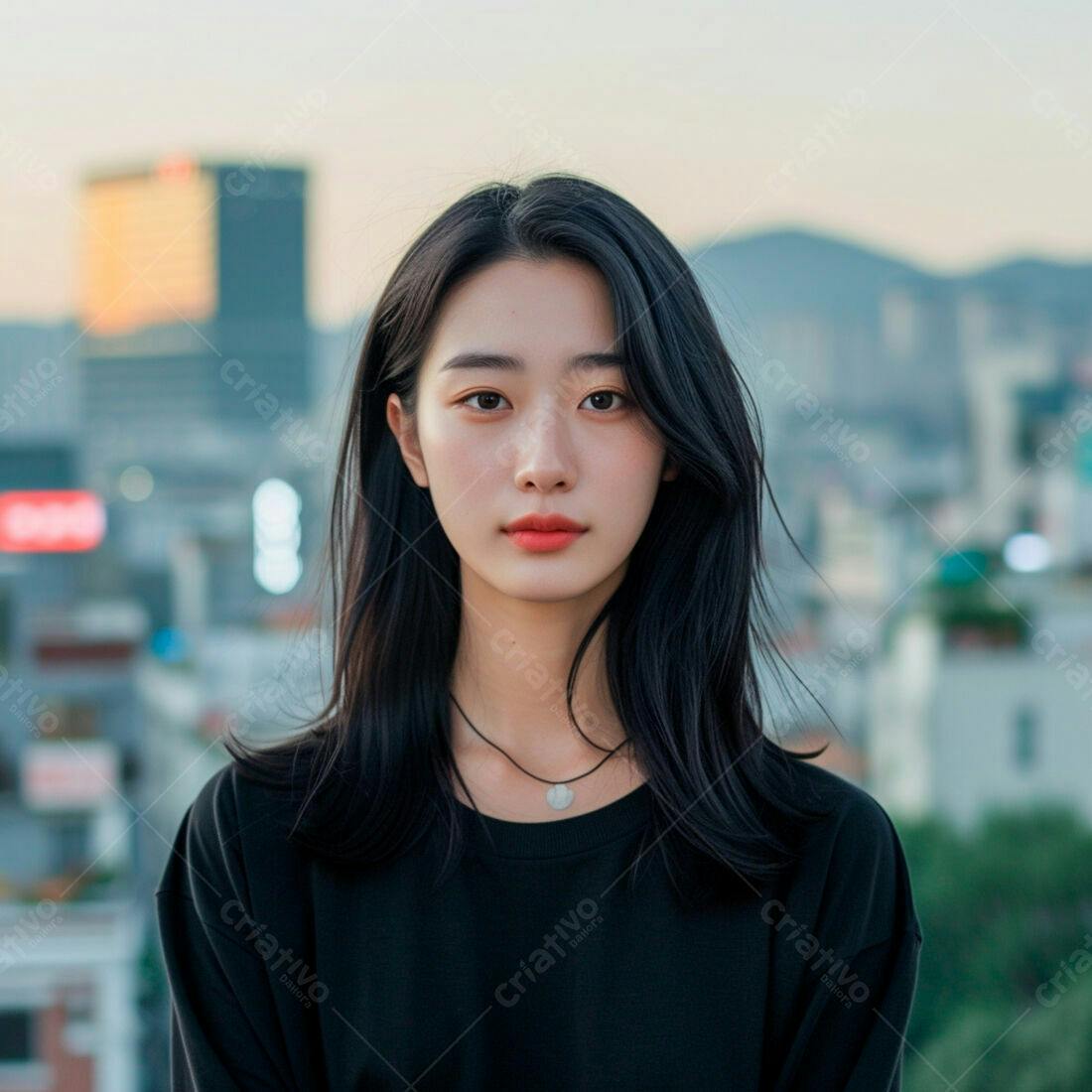Mulher asiática com cabelo preto em cidade