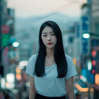 Mulher coreana com longos cabelos negros e olhos amendoados cativantes 2