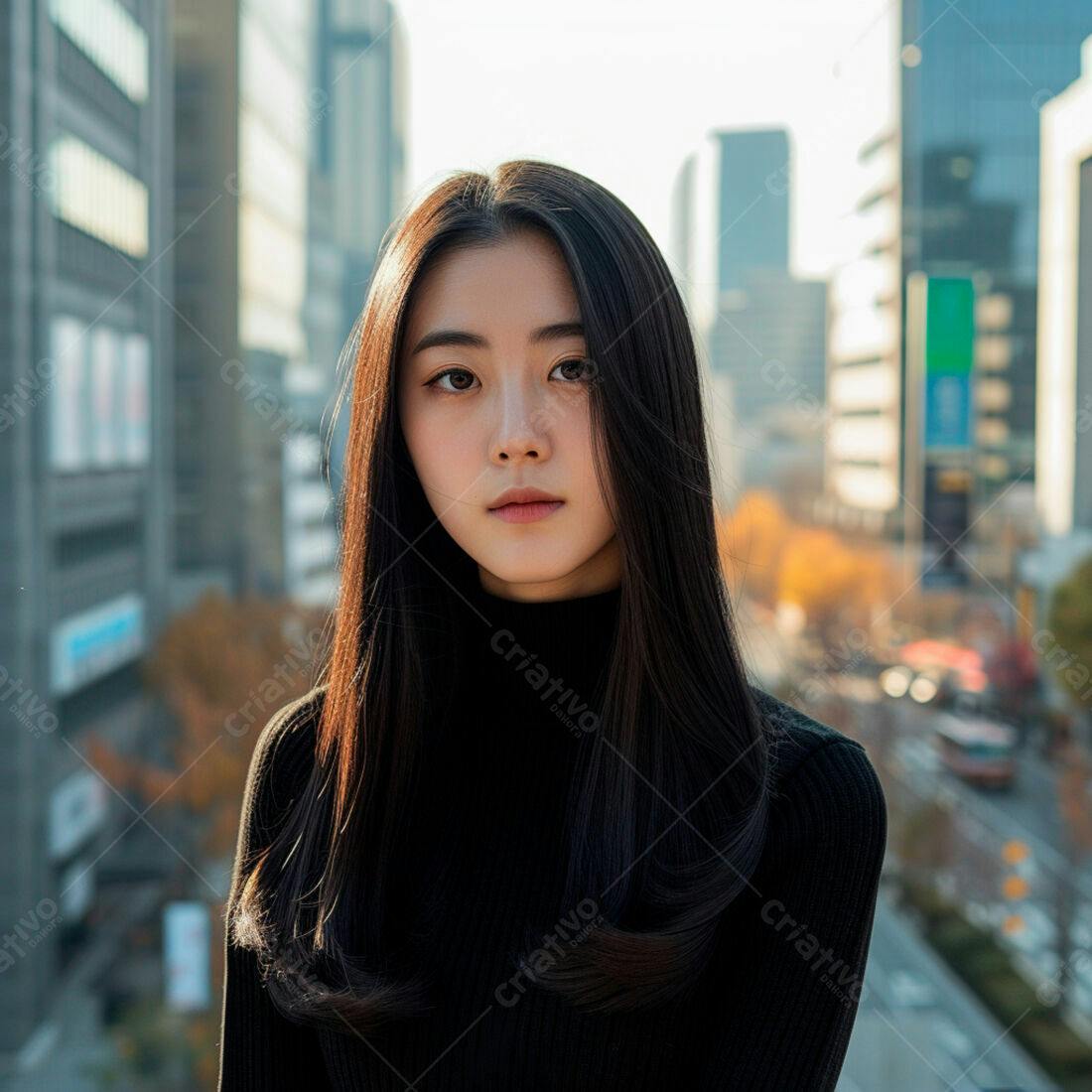 Mulher asiática com cabelo longo em cidade moderna