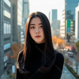 Mulher coreana com longos cabelos negros e olhos amendoados cativantes 3