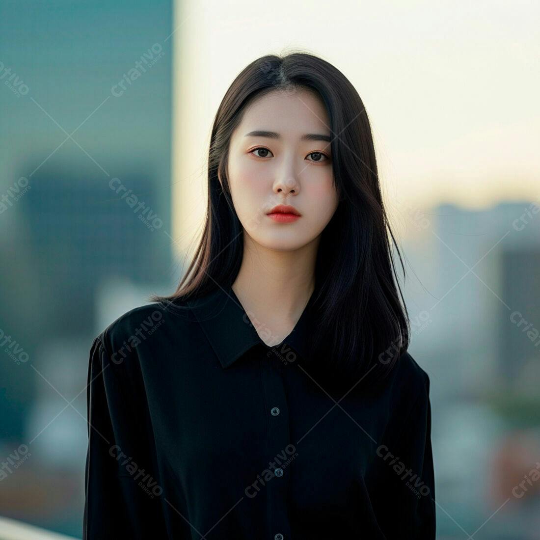 Mulher asiática em camisa preta fundo urbano