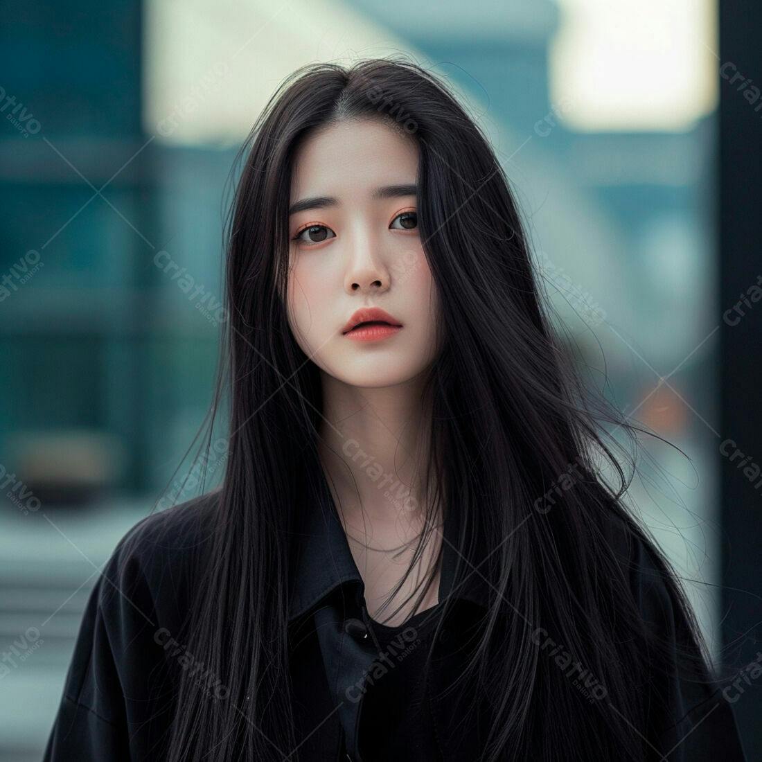 Retrato de mulher asiática com cabelo preto longo