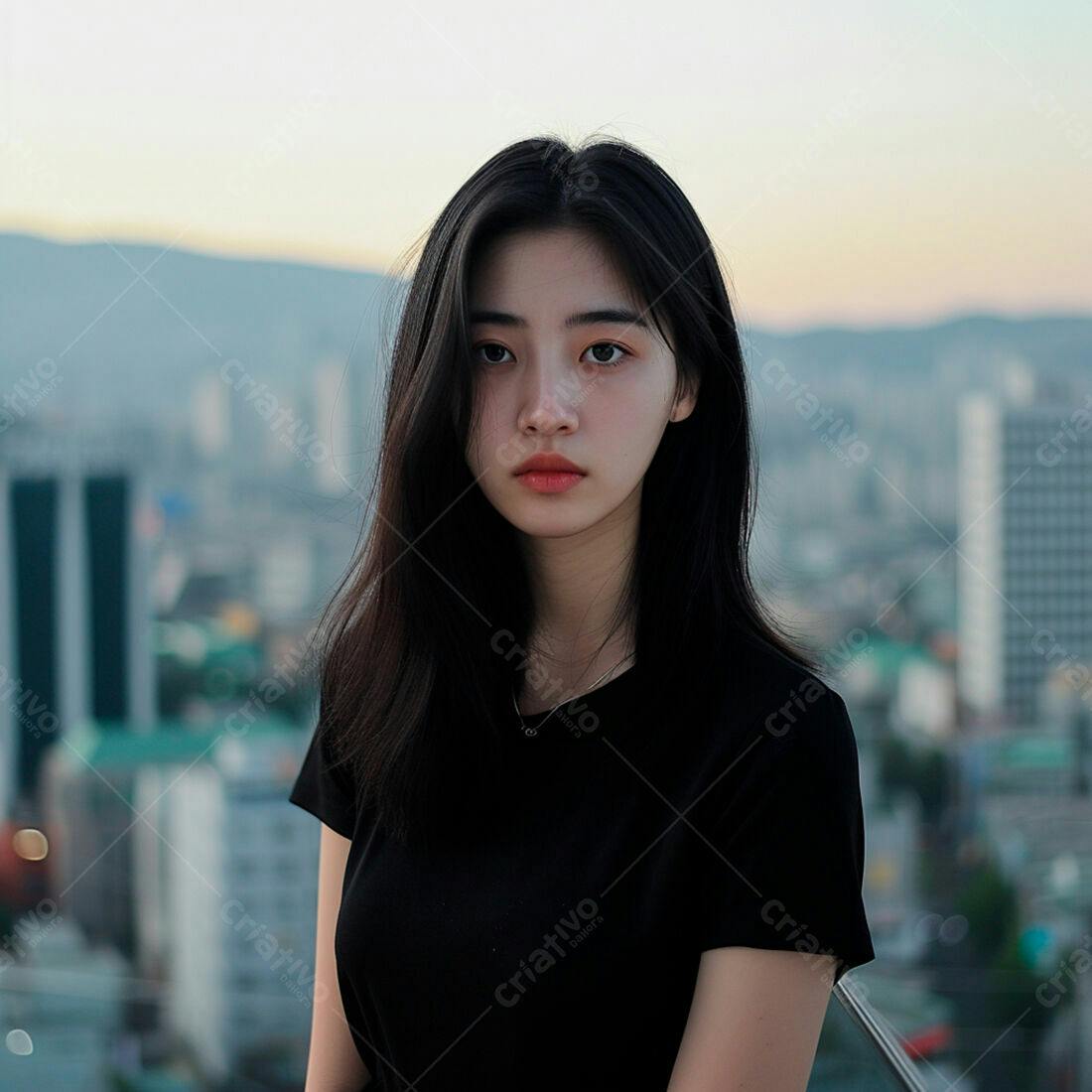 Jovem mulher asiática em cidade ao entardecer
