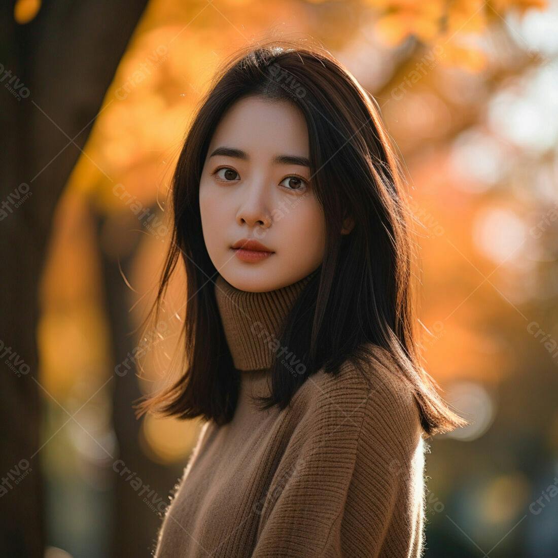 Mulher asiática em suéter marrom outono