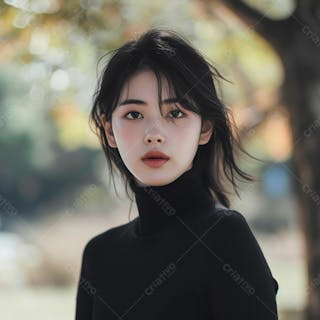 Mulher coreana com longos cabelos negros e olhos amendoados cativantes 10