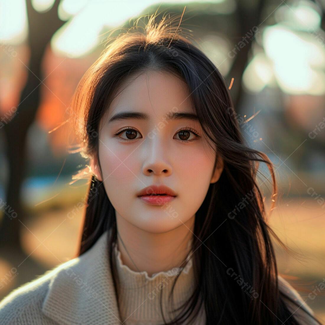 Retrato de mulher asiática em parque ao entardecer