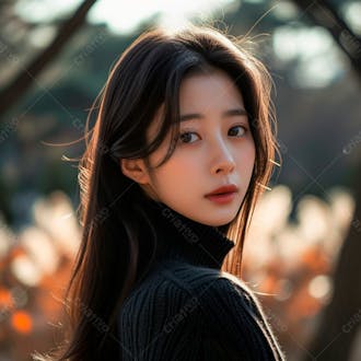 Mulher coreana com longos cabelos negros e olhos amendoados cativantes 13