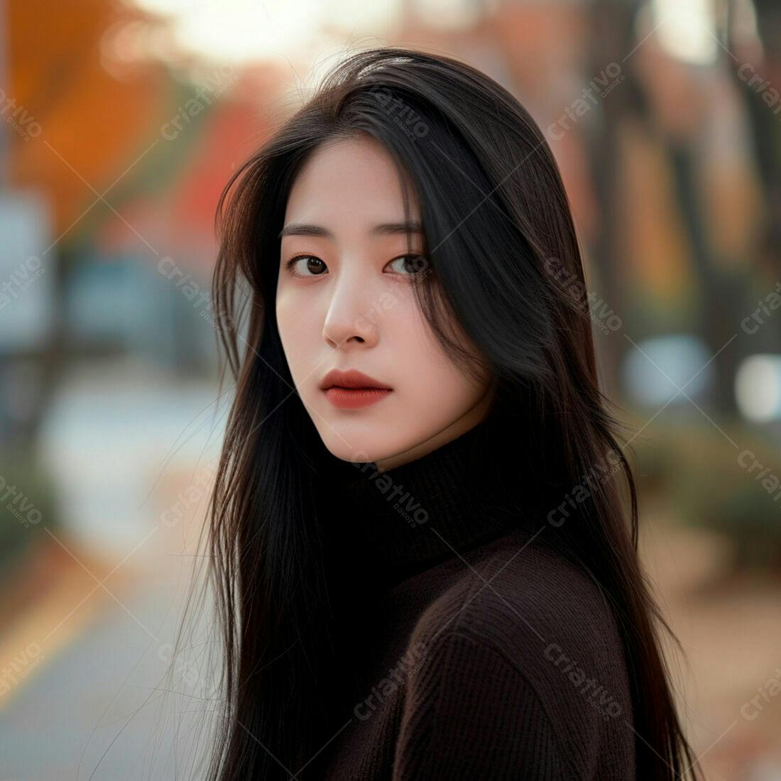 Mulher asiática com cabelo longo e suéter marrom