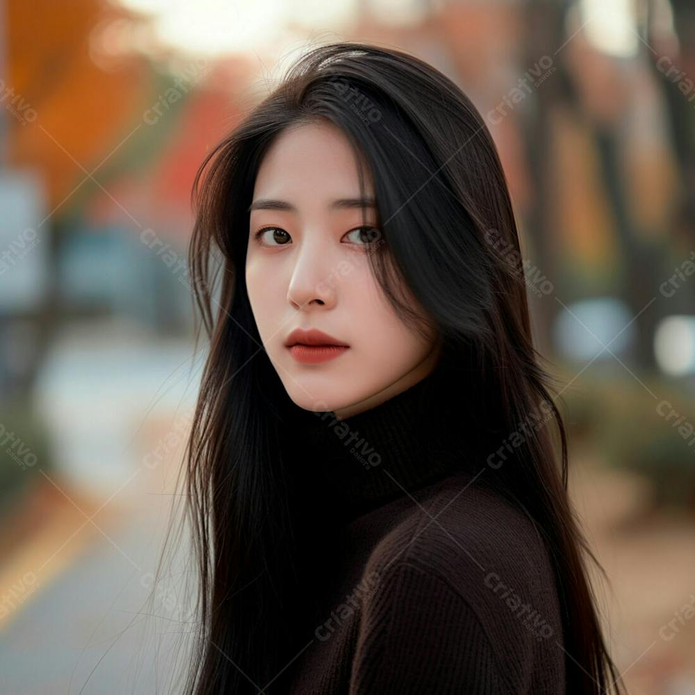 Mulher Coreana Com Longos Cabelos Negros E Olhos Amendoados Cativantes 17