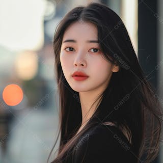 Mulher coreana com longos cabelos negros e olhos amendoados cativantes 18