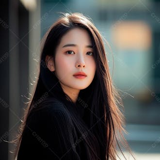 Mulher coreana com longos cabelos negros e olhos amendoados cativantes 19