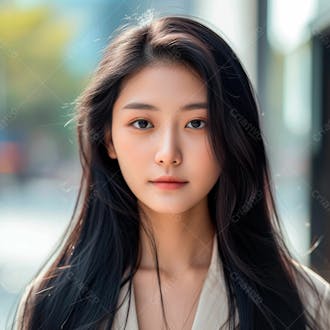 Mulher coreana com longos cabelos negros e olhos amendoados cativantes 20
