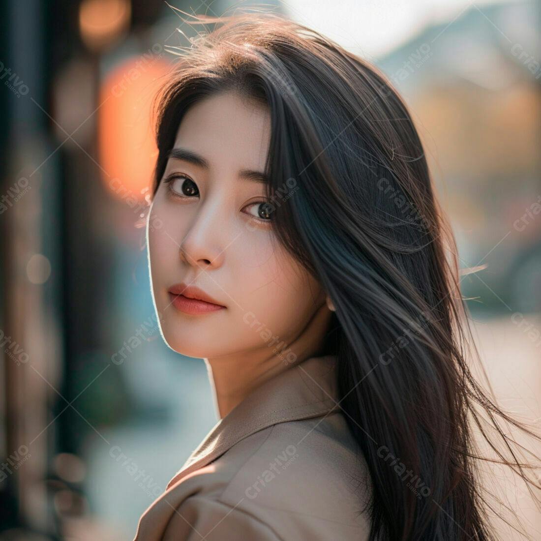 Mulher asiática com cabelo longo e casaco bege