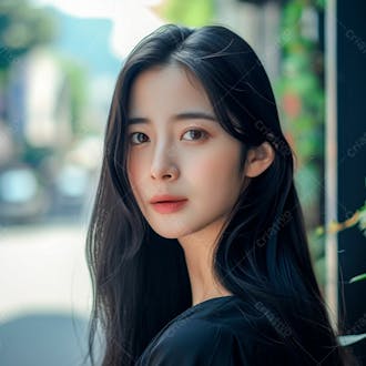 Mulher coreana com longos cabelos negros e olhos amendoados cativantes 22