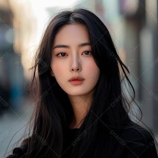 Mulher coreana com longos cabelos negros e olhos amendoados cativantes 23