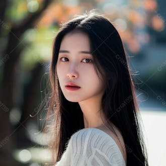 Mulher coreana com longos cabelos negros e olhos amendoados cativantes 24
