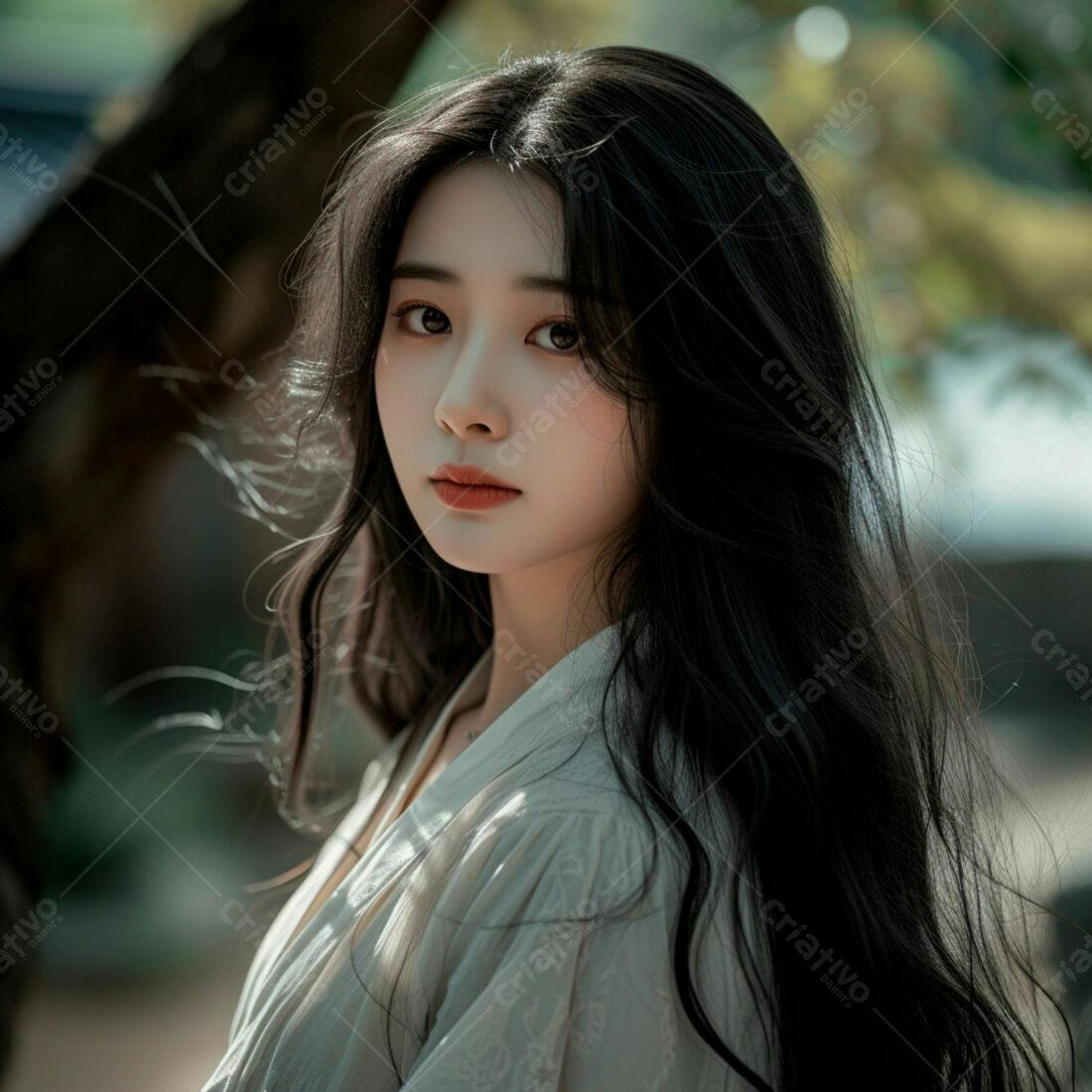 Mulher asiática com cabelo longo e vestido claro ao ar livre