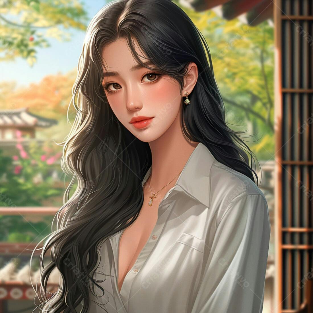 Mulher asiática com cabelo longo em jardim