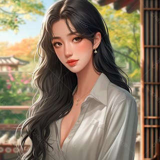 Mulher coreana com longos cabelos negros e olhos amendoados cativantes 28