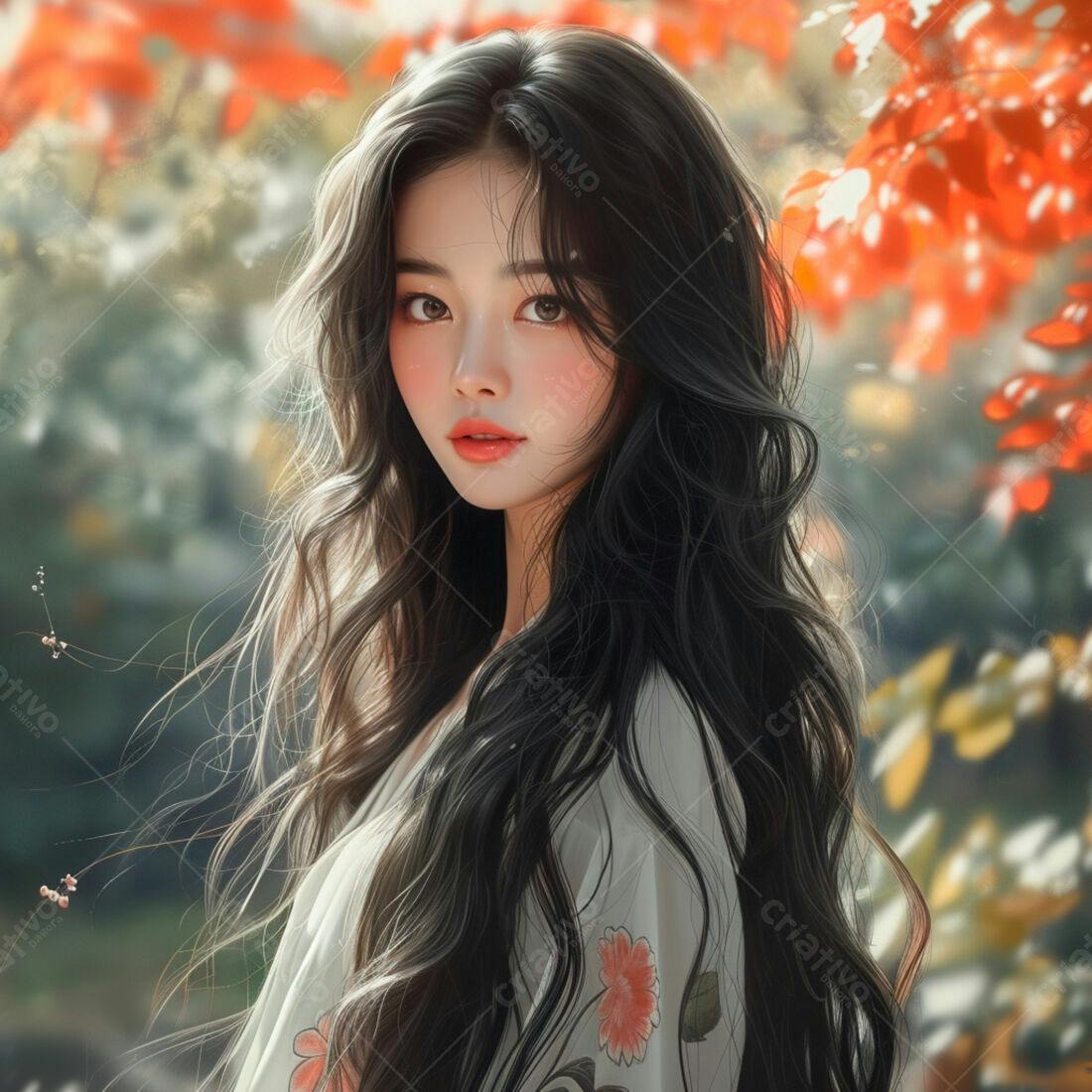 Mulher com cabelo longo em jardim outonal