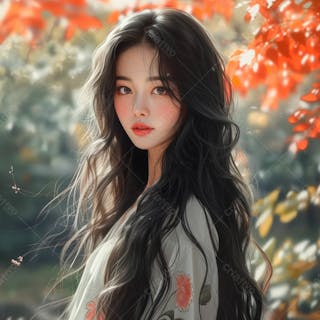 Mulher coreana com longos cabelos negros e olhos amendoados cativantes 29