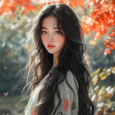 Mulher Coreana Com Longos Cabelos Negros E Olhos Amendoados Cativantes 29